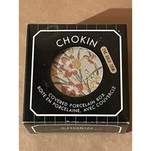 The Art of Chokin Japan Round Porcelain Trinket Box Flowers Gold Trim 1980s